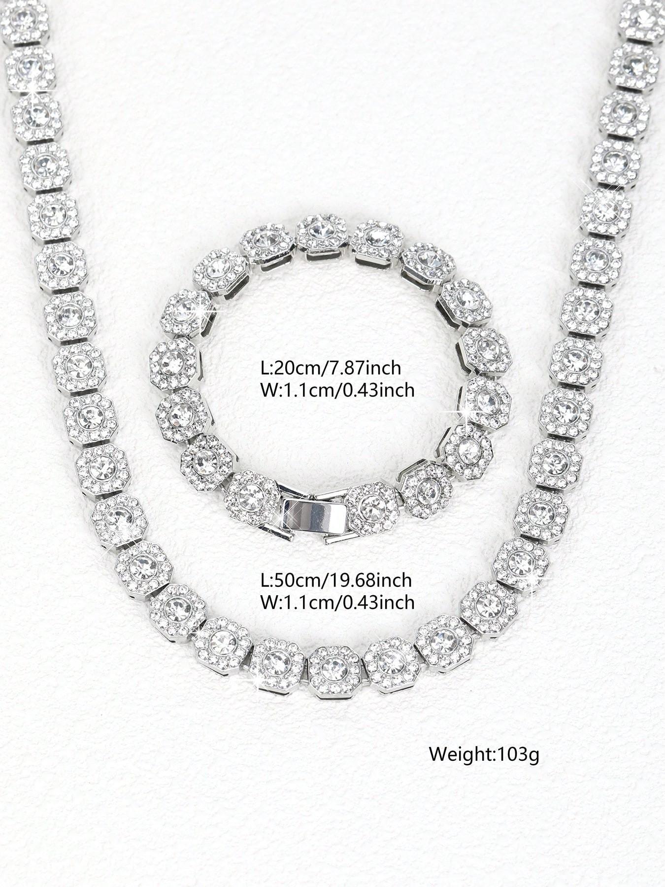 Men's and Women's Rhinestone Cuban Chain Necklace Set, Full Diamond Square Design, Street Party Jewelry, Unique Gift Idea