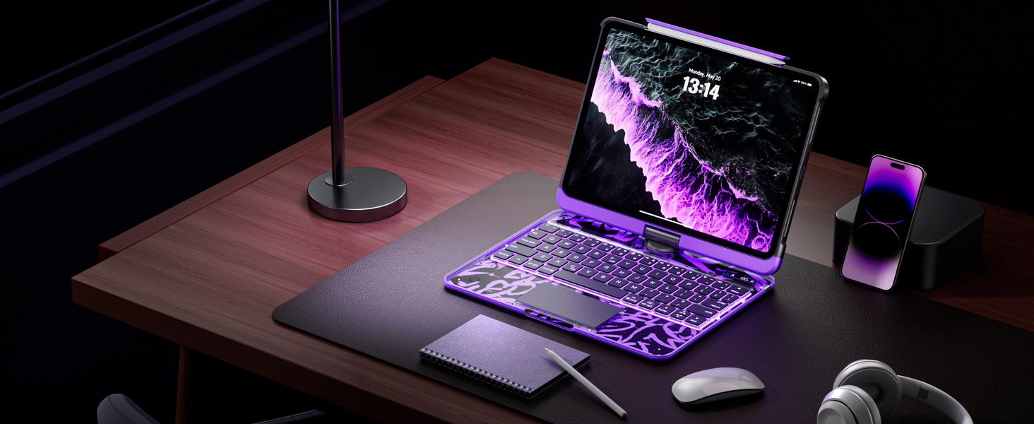 Y2K Dopamine Purple iPad Case With Keyboard- 360° Rotating Multi-Touch Trackpad, RGB Backlit Keyboard, Transparent Back, Pencil Holder, Type-C Charging