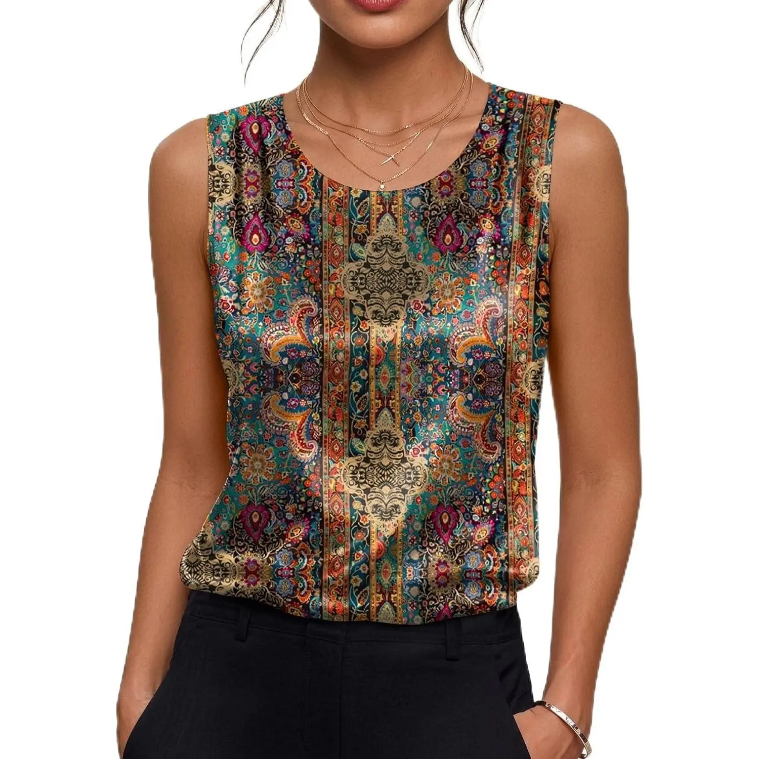Womens Satin Tank Top Pleated Sleeveless Blouse Dressy Casual Tops Crewneck Silk Shirts Business Summer Clothes