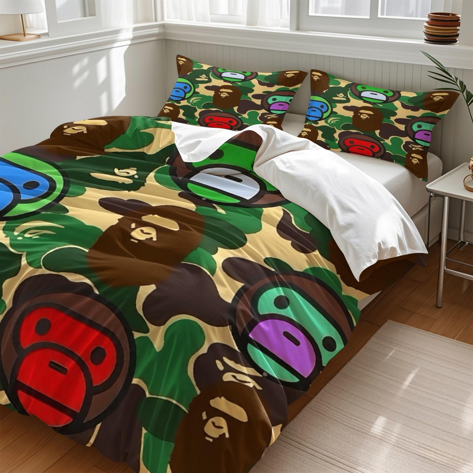 BAPE Ape Head Print Duvet Cover Set,Includes 1 Duvet Cover and 1-2 Pillowcases,Military Camouflage Bedding Set,Suitable for Boys and Teenagers Whimsical Room Decor