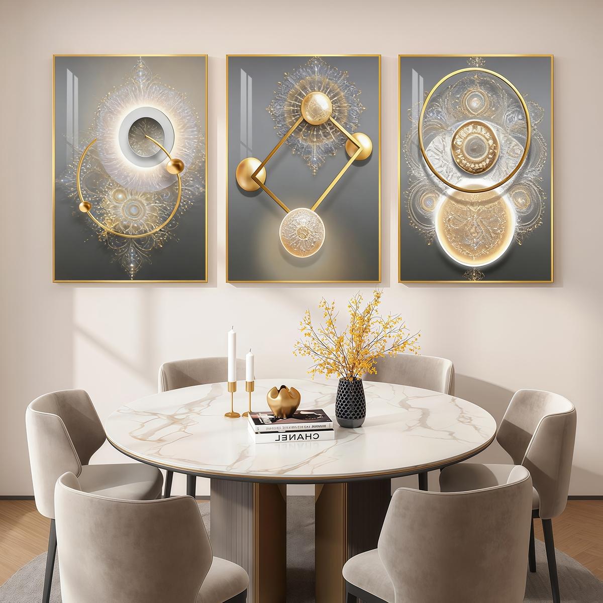 3 Counts Aluminum Alloy Framed Painting, Golden Abstract Geometry Light Art, Home Decoration For Living Room, Bedroom, Office, Restaurant, Hallway Wall Decor, Odorless Print Artwork, Luxury Perfect Gift For Friends And Family