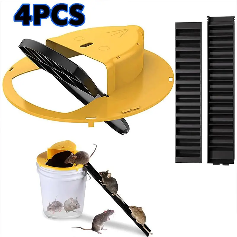 4PCS Flip N Slide Bucket Lid Mouse Trap Kit, Reusable Auto-Reset Multi-Catch Climb & Repeat Rat & Mouse Trap with Ramp, Durable ABS Indoor Outdoor Pest Control, No-Touch Rodent Catcher for Home Garage Kitchen Basement Yard, Bucket Not Included
