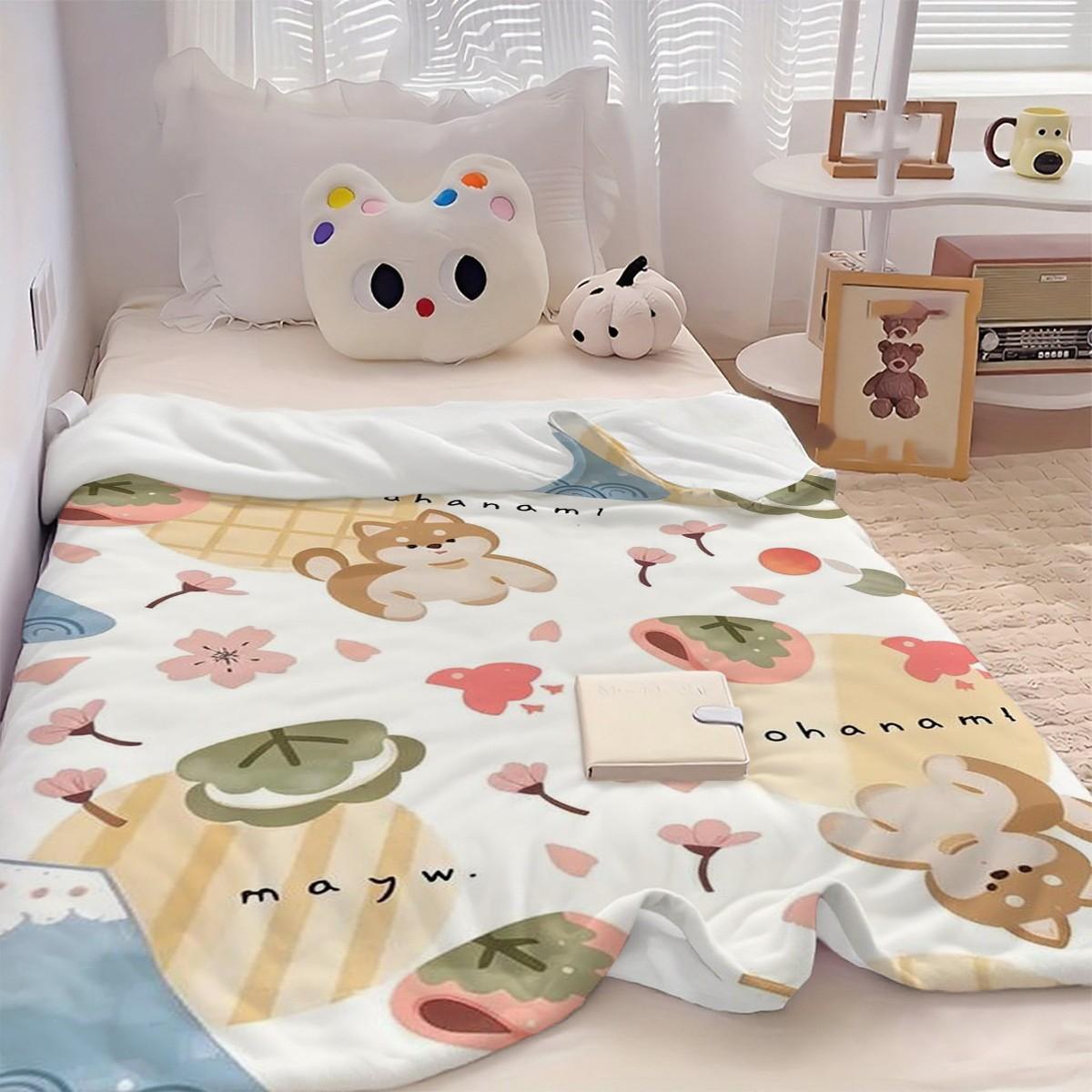 Cute Puppy Cherry Blossom Print Blanket, Soft Skin-Friendly Portable Throw, Ideal for Bedroom, Sofa, Office, Outdoor, Gift