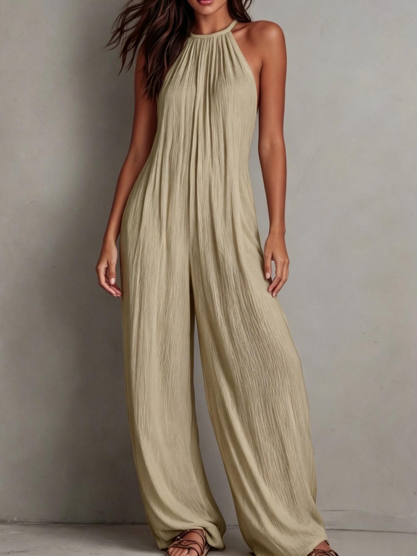 2026 New Fashion Halter Neck Sleeveless Solid Color Ruched Back Wide Leg Romper Jumpsuit, High-End Resort Style Casual Loose Fit Long Pants, Suitable for Work and Daily Outing