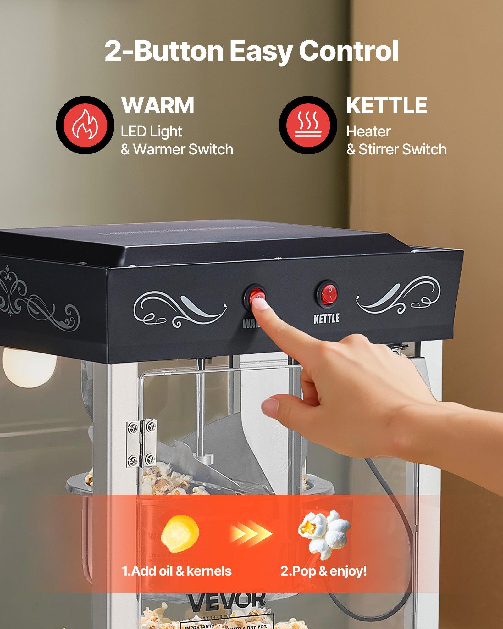 VEVOR Commercial Countertop Popcorn Machine for Commercial Users, 8 oz Stainless Steel Kettle, 800W Power, 48 Cups Per Batch, 20 Lbs/ 9.43 Kg Capacity, 2-Button Control, Glass Door, PC Wall, 1 Scoop, 3 Spoons, Black