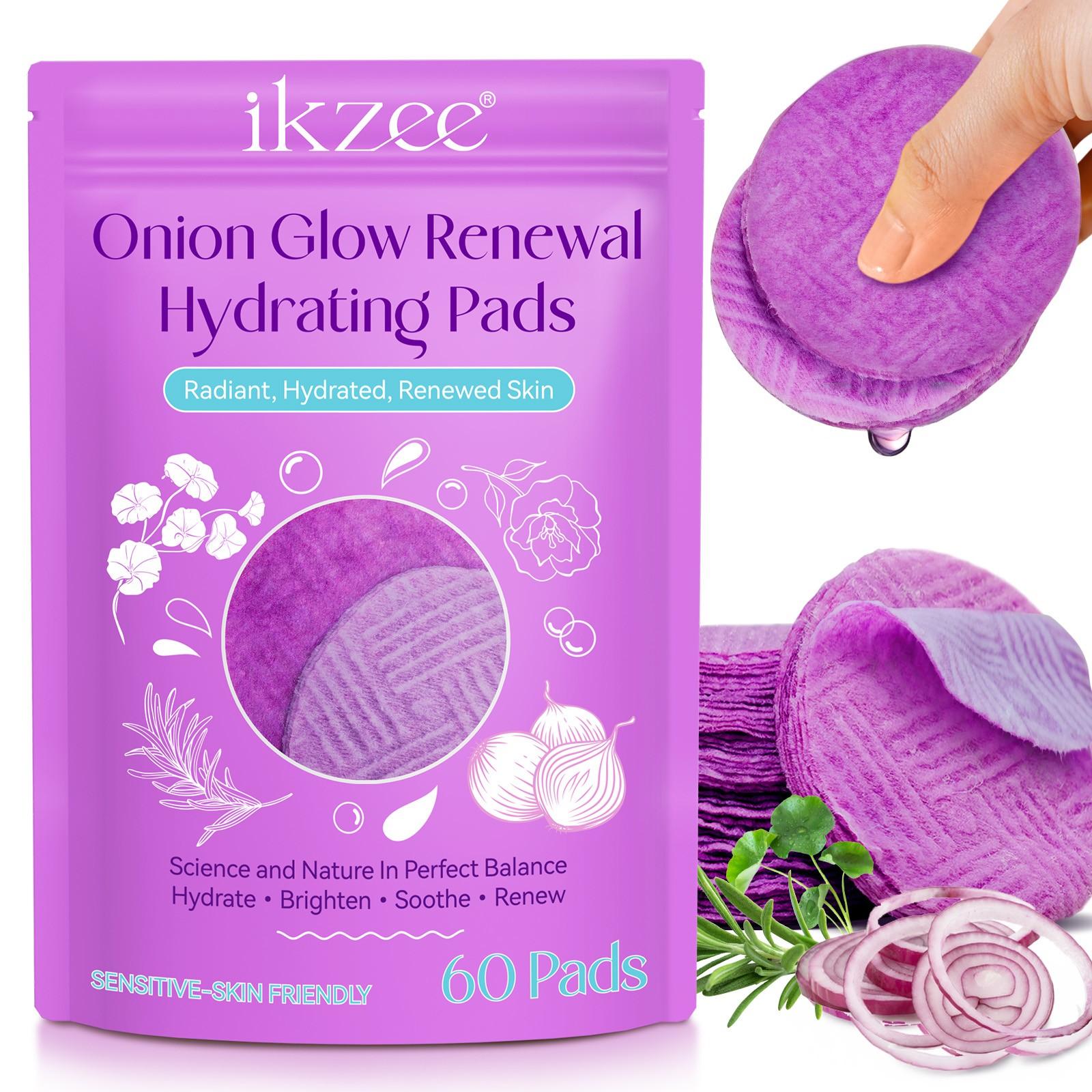 Ikzee ONION GLOW RENEWAL HYDRATING PADS,60 pieces per pack. Gentle cleansing, moisturizing facial wipes. Unique skin care sheets. Experience a different skincare routine. Perfect daily skincare procedure.