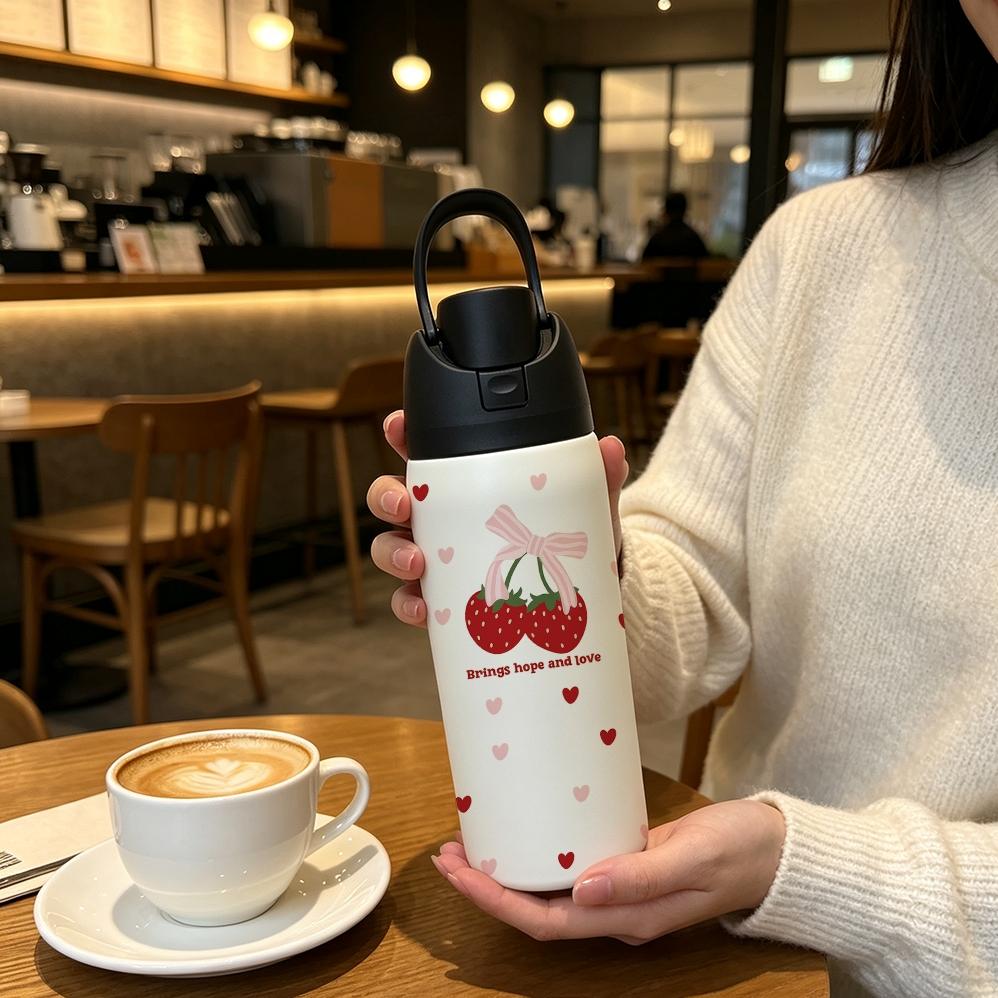 Sweet Bow Strawberry Heart 32oz Insulated Cup, 304 Stainless Steel, Portable Direct Drink, Girl Style, Car Travel Water Bottle, 1 Piece