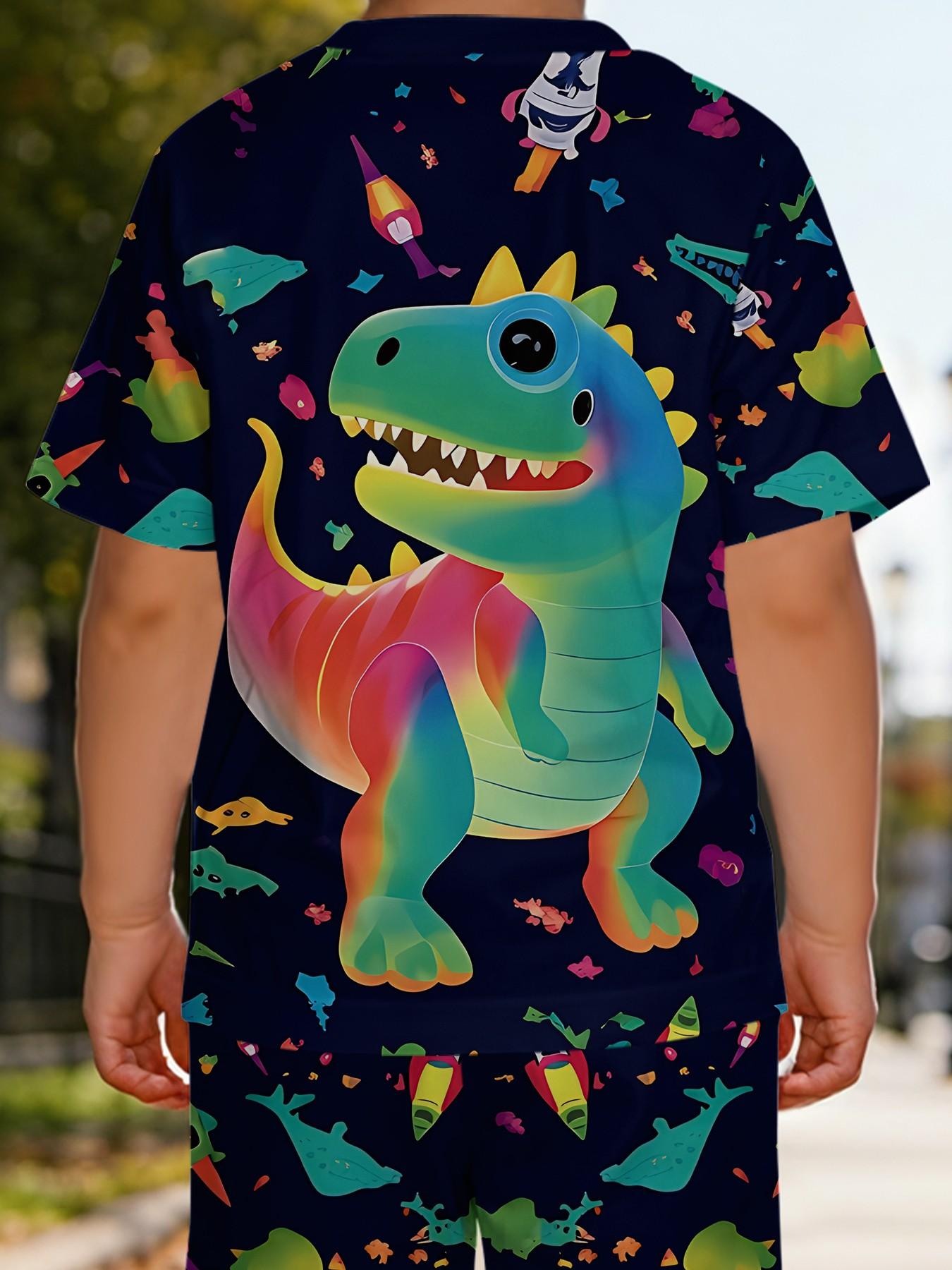 Colorful Rainbow Dinosaur Kids Short Sleeve Set, Boy's Summer Pajamas, Cartoon Print, Casual Wear, 100% Polyester, Perfect Gift for Babies