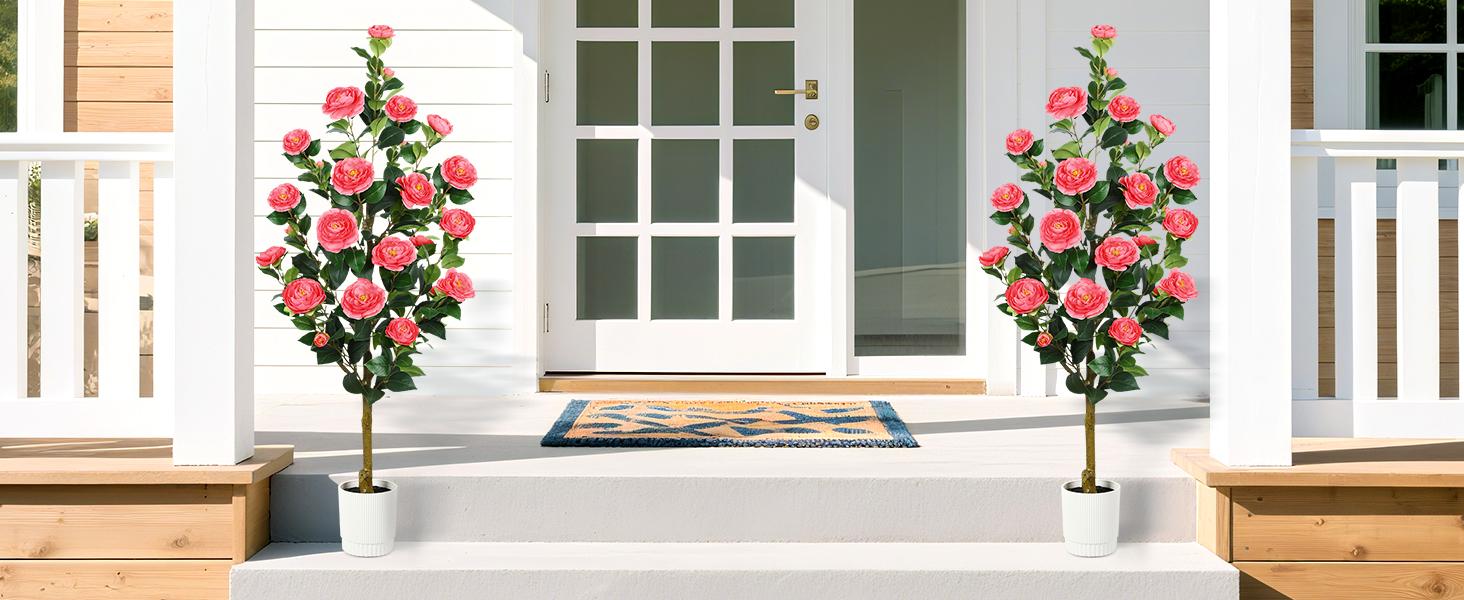 2025 2 Pack 3/4 Ft Artificial Camellia Trees with 16 White Flowers and Pots, Ideal Christmas Gifts for Home, Porch, Office or Outdoor Decor