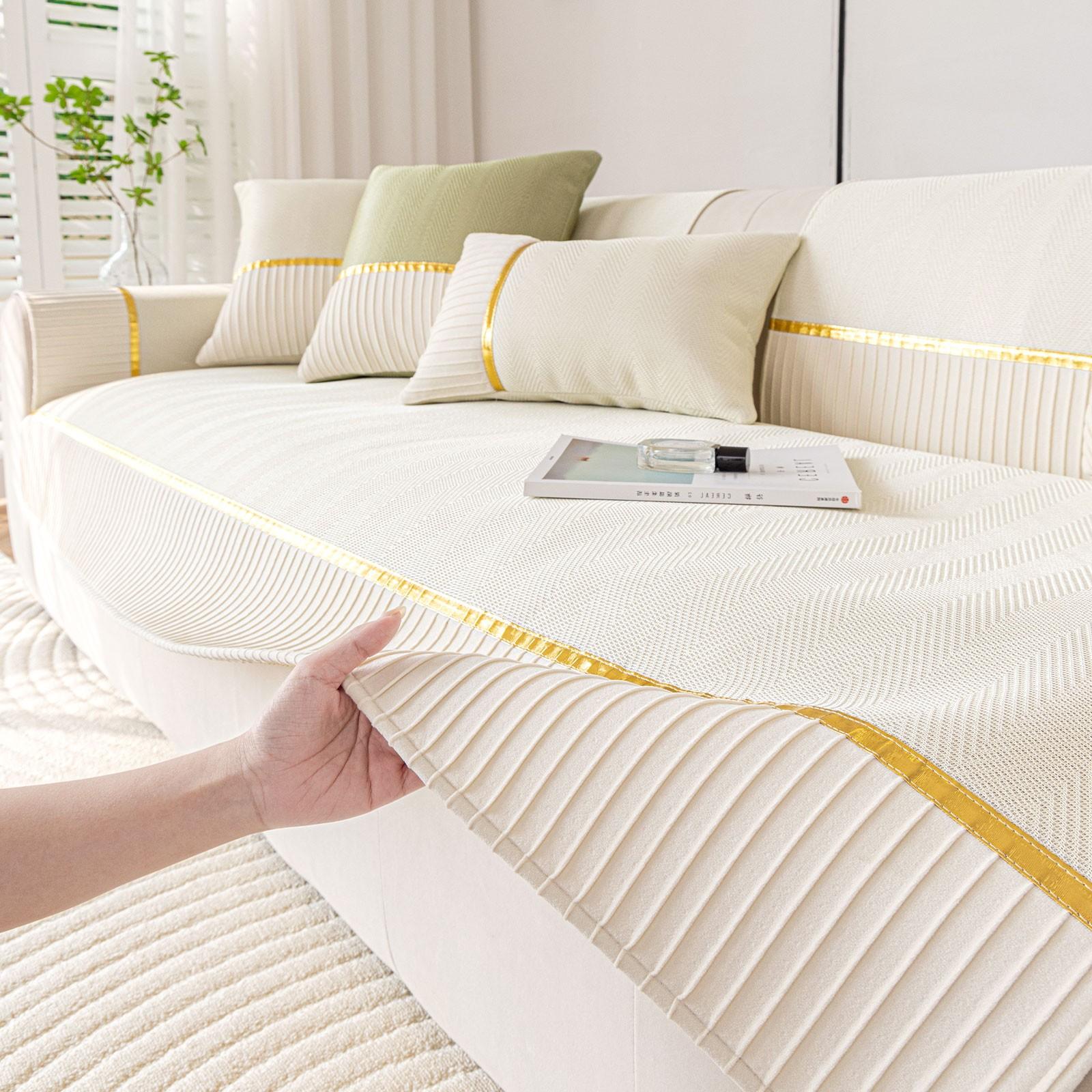 Ice Silk Gold Trim Sofa Pad, Vintage High-End Elegant Design, Reusable All-Season Sofa Cover, Trendy Universal Sofa Protector