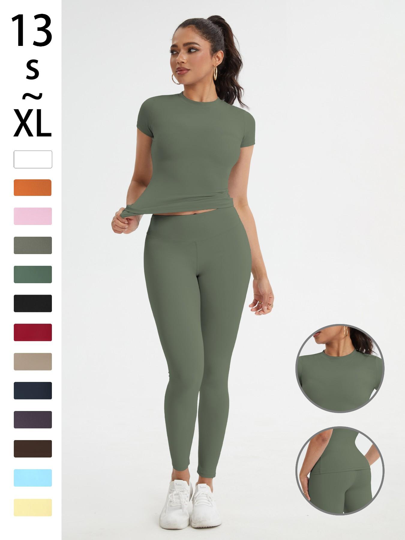 Women's Sportswear Set, Slim-Fit Round Neck Short Sleeves & High-Waisted Yoga Pants, Ideal for Gym Running Outdoor Activities, Stretchy Suit Set