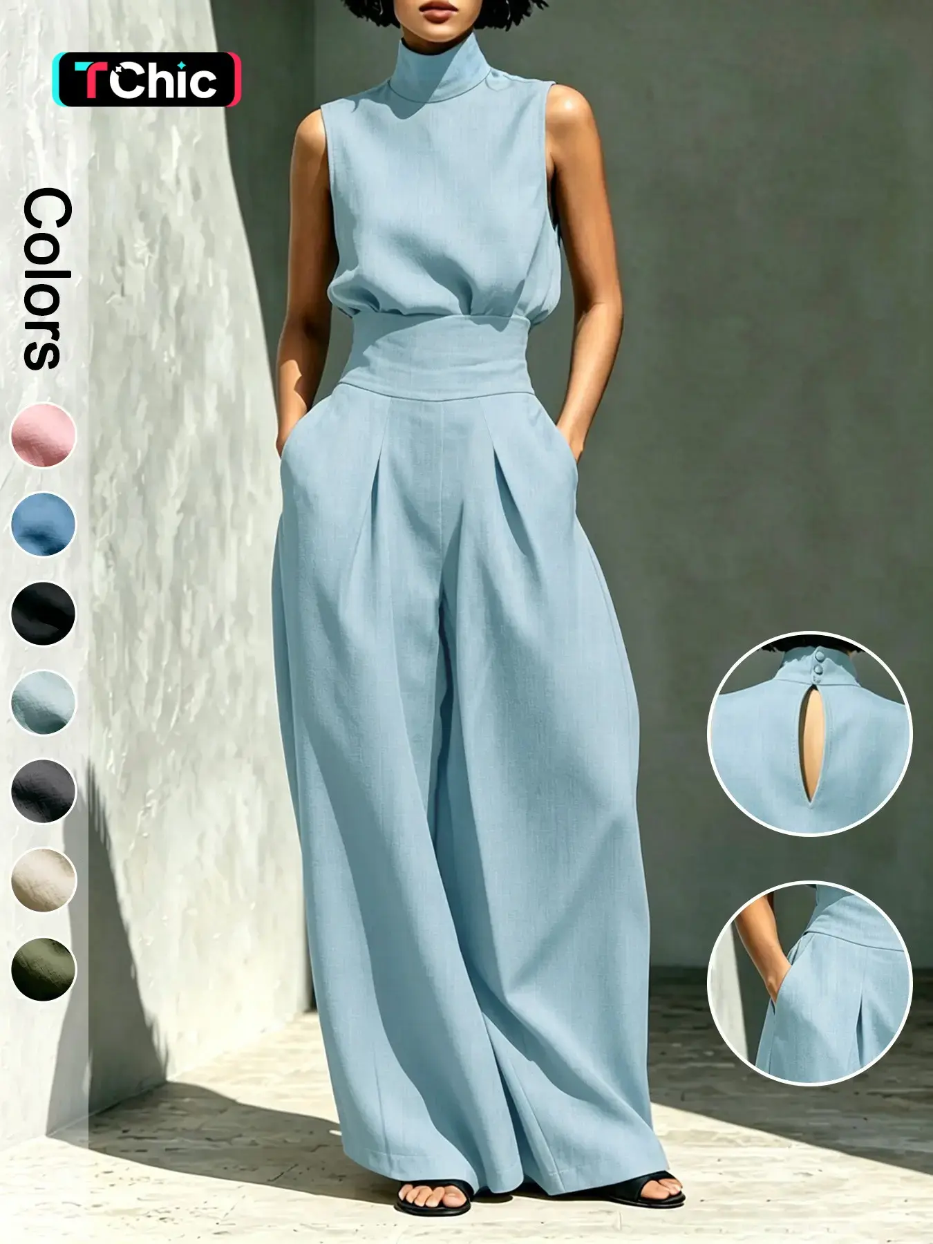 Women's High-Neck Sleeveless Top and High-Waist Wide-Leg Pants Two-Piece Set, Elegant Chic Formal Outfit for Fashionable Ladies, Clothes