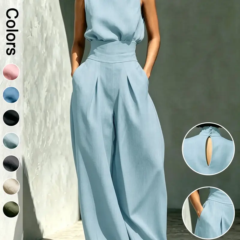 Women's High-Neck Sleeveless Top and High-Waist Wide-Leg Pants Two-Piece Set, Elegant Chic Formal Outfit for Fashionable Ladies, Clothes