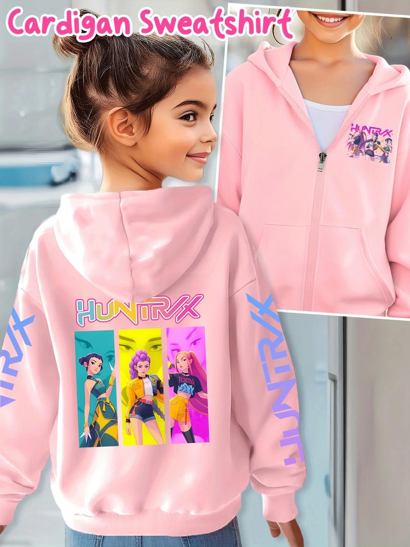 Girls' Kpop Demon Hunters Graphic Casual Hoodie Jacket, Cartoon Print Zipper Sweatshirt, Fall & Winter Fashion, Comfortable Kids Clothing