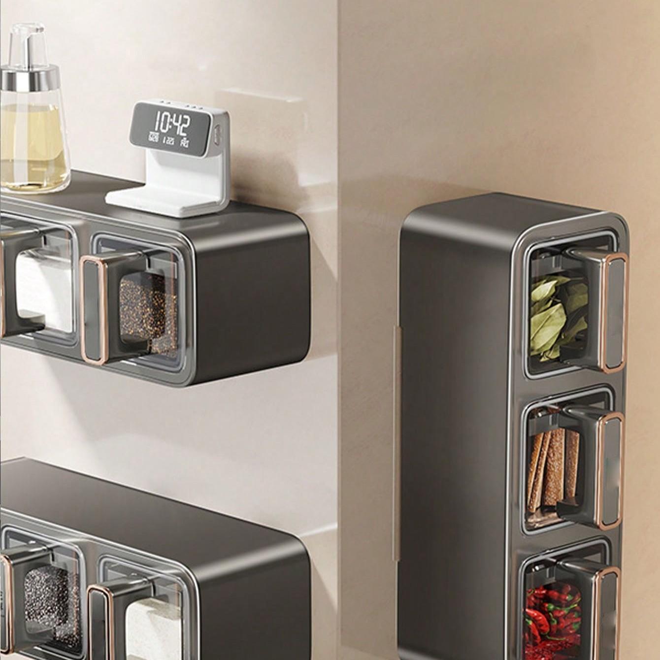 1pc Kitchen Spice Box with Spoon, Adjustable Storage Container, Wall-Mounted Sealed Seasoning Set, Multi-Functional Organizer