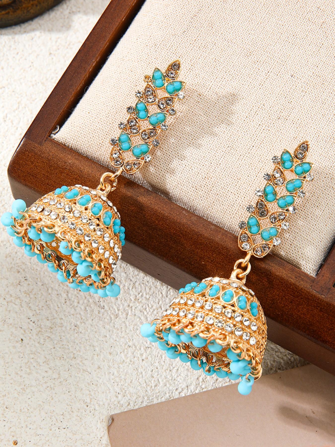 Indian Ethnic Birdcage Bell Jhumka Earrings, Heavy Rhinestone Beaded Long Fringe, Vintage Hollow Out Courtly Ear Jewelry, Bohemian Gift, Vintage Statement Earrings