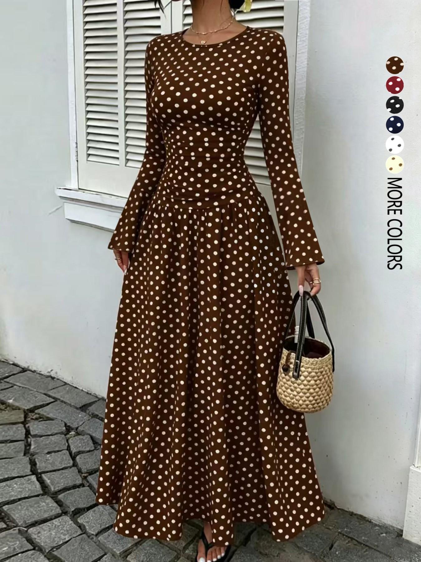 Women's Polka-Dot Fitted Long-Sleeve Maxi Dress with Flared Sleeves and Ruched Waist, Casual Dress for Daily Wear, Dates and Commuting, Brunch Dresses, Everyday