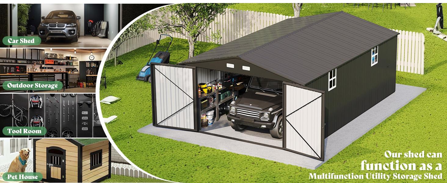 [Spring Sale] VanAcc 13.2x21x8 FT Outdoor Storage Shed, Huge Metal Garage Shed with 2 Double Hinged Doors and 4 Windows, Carport for Car, Truck, Bike, Garbage Can and Lawnmower, Dark Grey