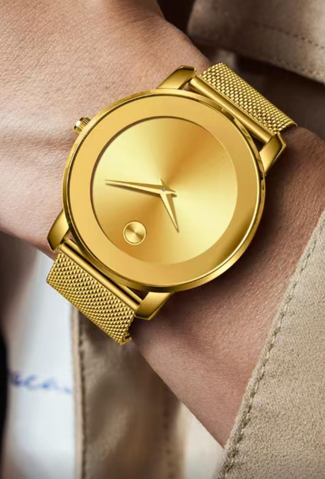 Men's Minimalist Gold Mesh Band Quartz Watch - Sleek No-Number Dial, Water Resistant, Luxury Casual Wristwatch, Perfect Gift for Him