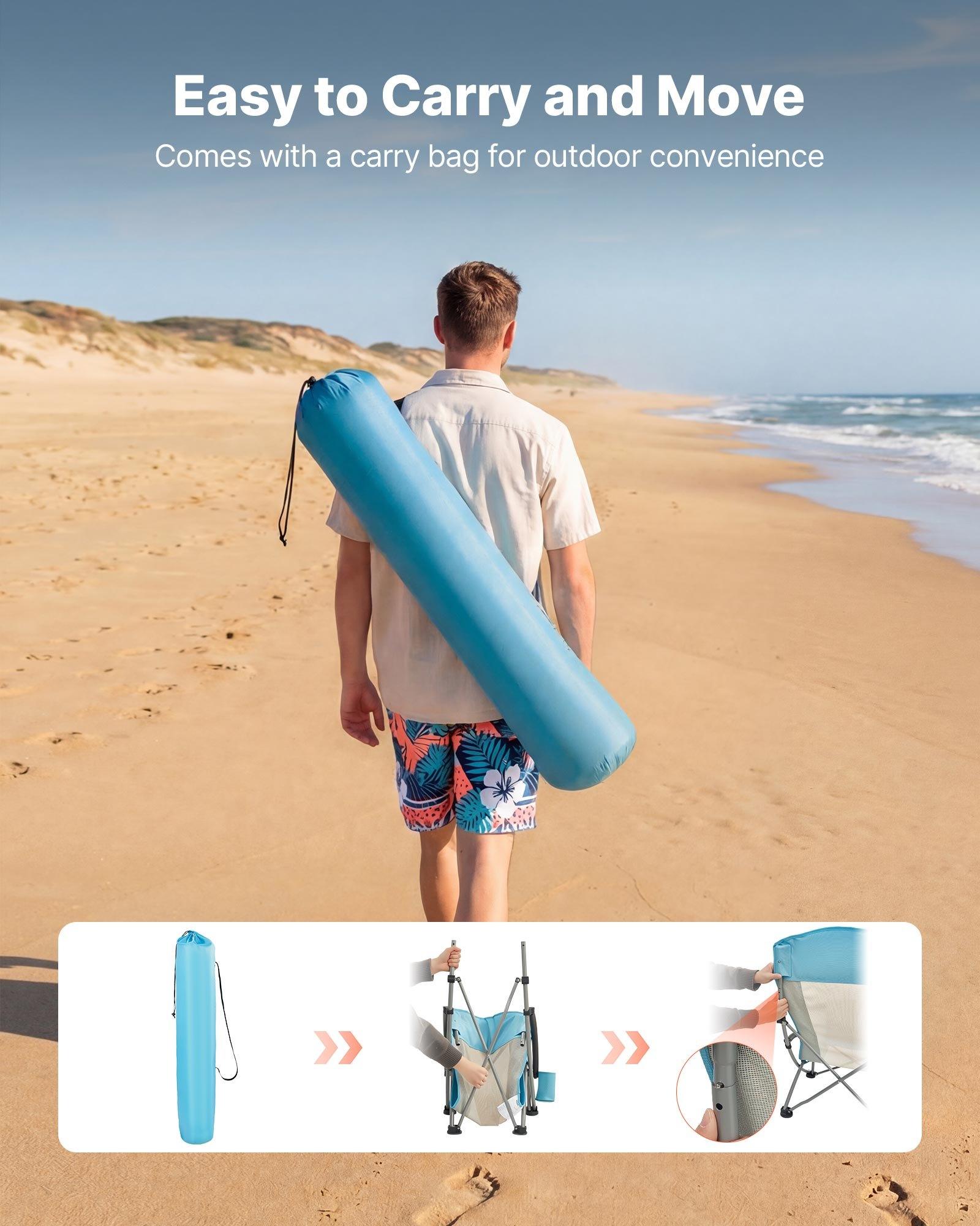VEVOR Folding Beach Chair, High Back Camping Chairs for Adults, with Cup Pocket, Mesh Back, Carry Bag, Portable Extra Wide Seat Chair 330 lbs Heavy Duty Support, for Outdoor, Camp, Light Blue, 2 Pack