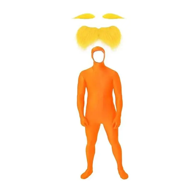 New Halloween Party Cosplay Jumpsuit Orange Costume Yellow Moustache and Eyebrow Baring Orange Bodysuit Masquerade Kid Adult