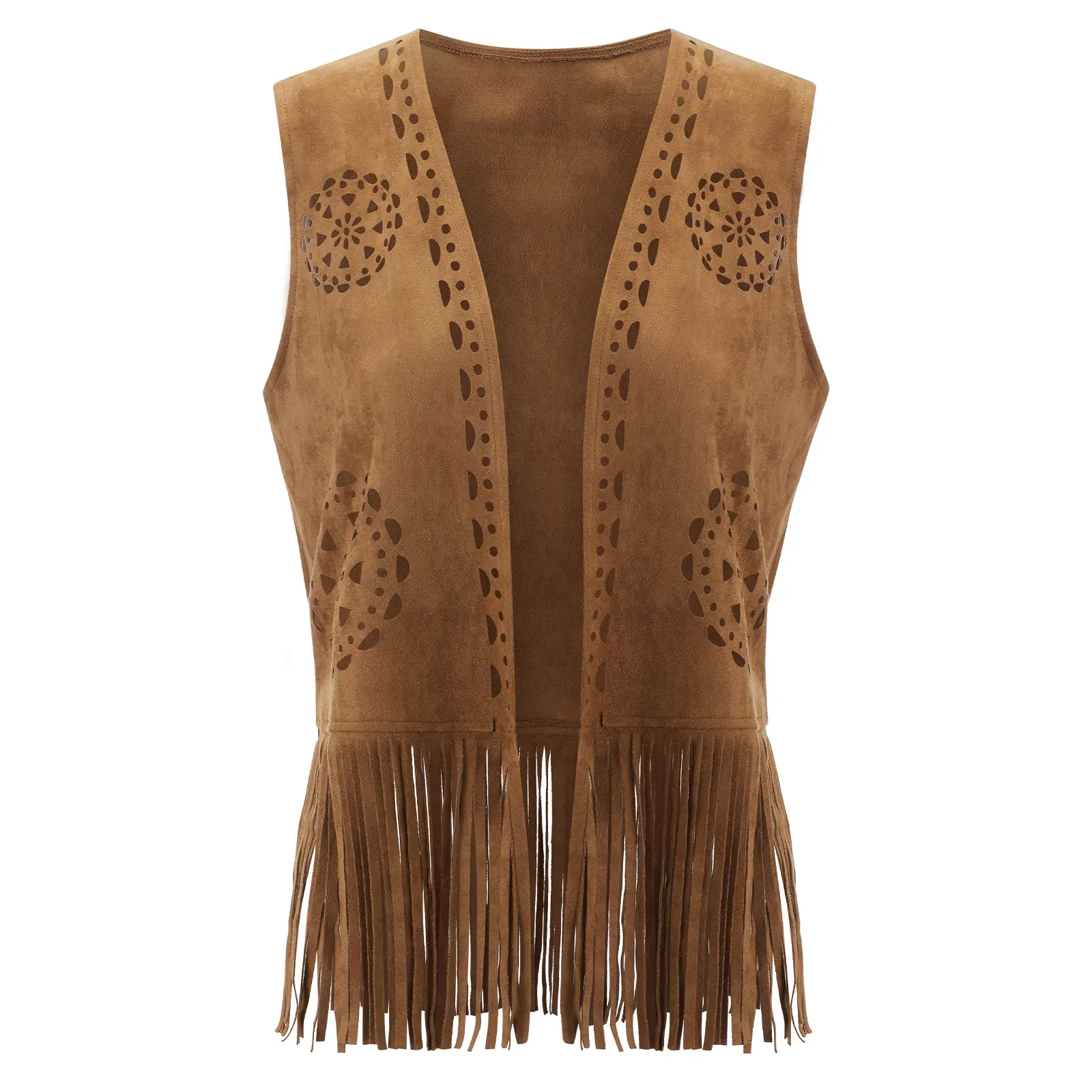 Women's Fringe Faux Suede Vest Casual Open Front Sleeveless Tassel Hippie Jacket