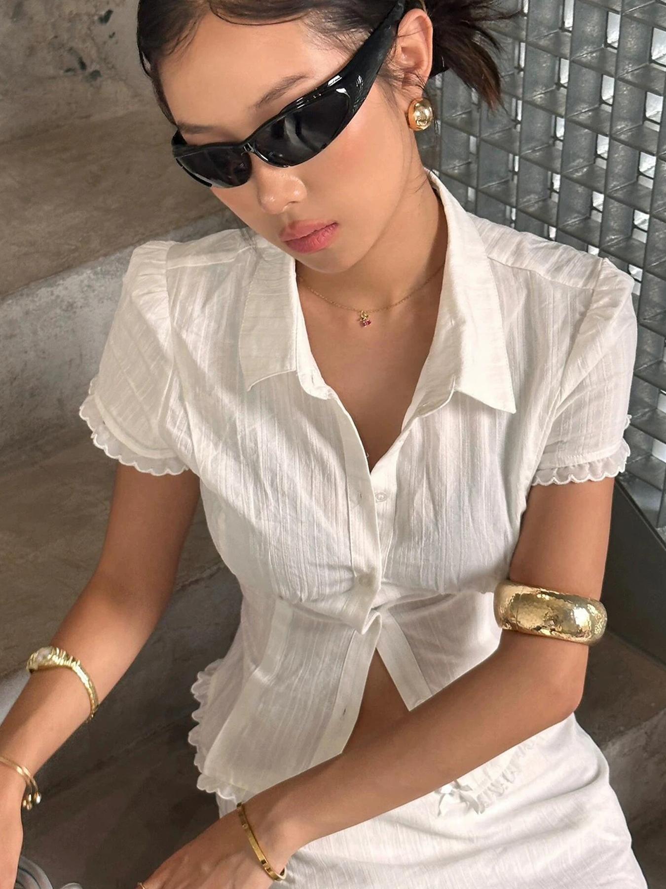 Women's Lace Trim Collar Short Sleeve Shirt Blouse, Summer Simple Button-Up Top, Elegant Casual Wear, Perfect for Daily