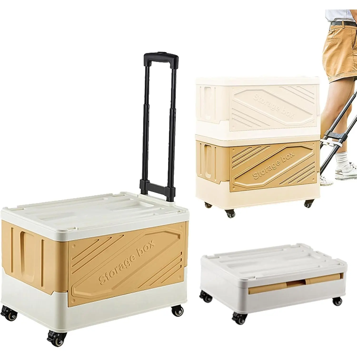 50L Rectangular Multi-Use Plastic & Steel Foldable Rolling Crate, Home Organizer Storage Cart with Wheels, Light Yellow - Easy Assembly, Flat-Folding for Quick Storage, Ideal for Groceries, Tools, Moving