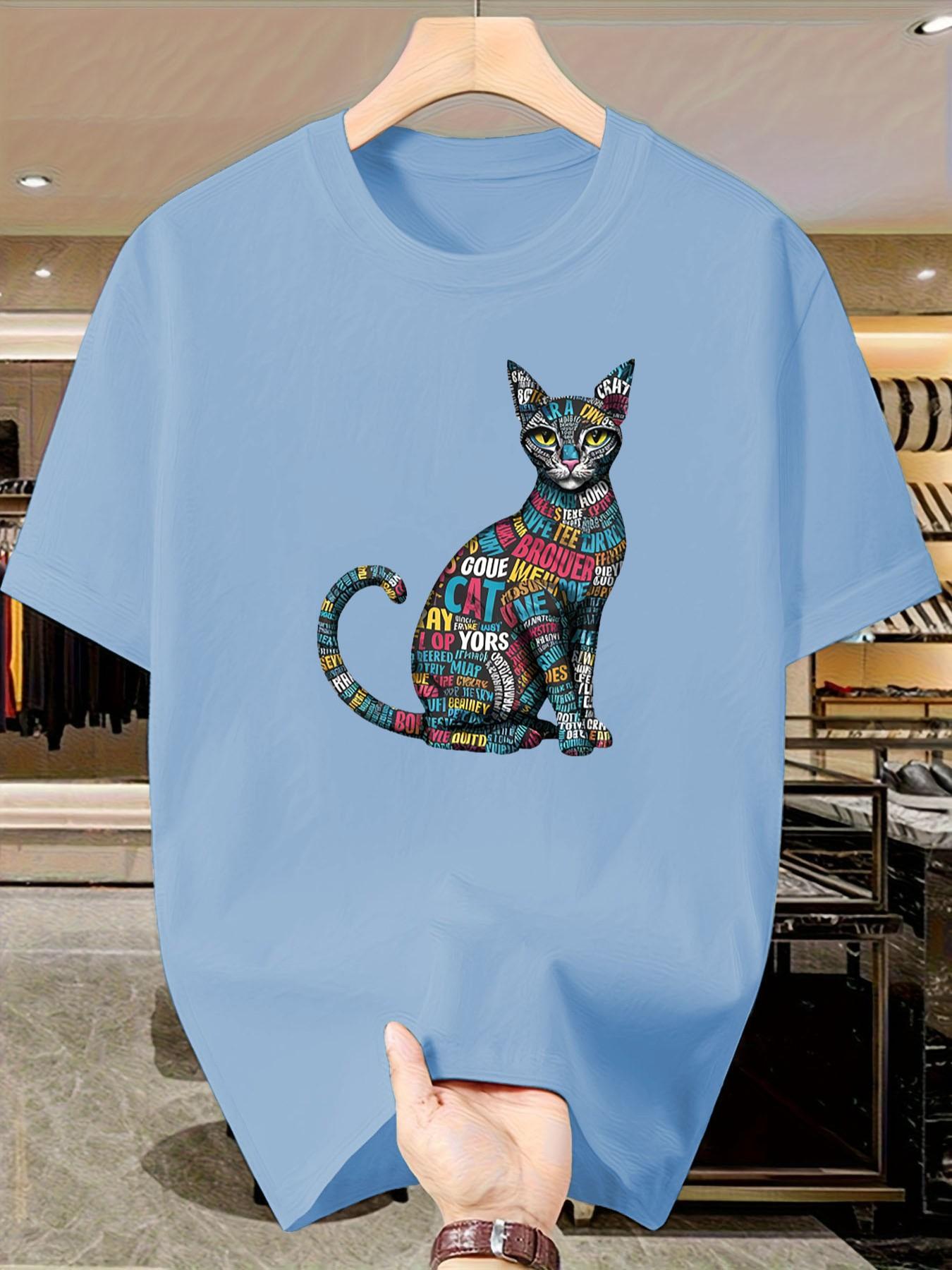 Artistic Word Puzzle Cat Short Sleeve T-Shirt, Summer Slim Fit Casual Top, Boys' Fashionable Tee, Unique Design, Cool Look