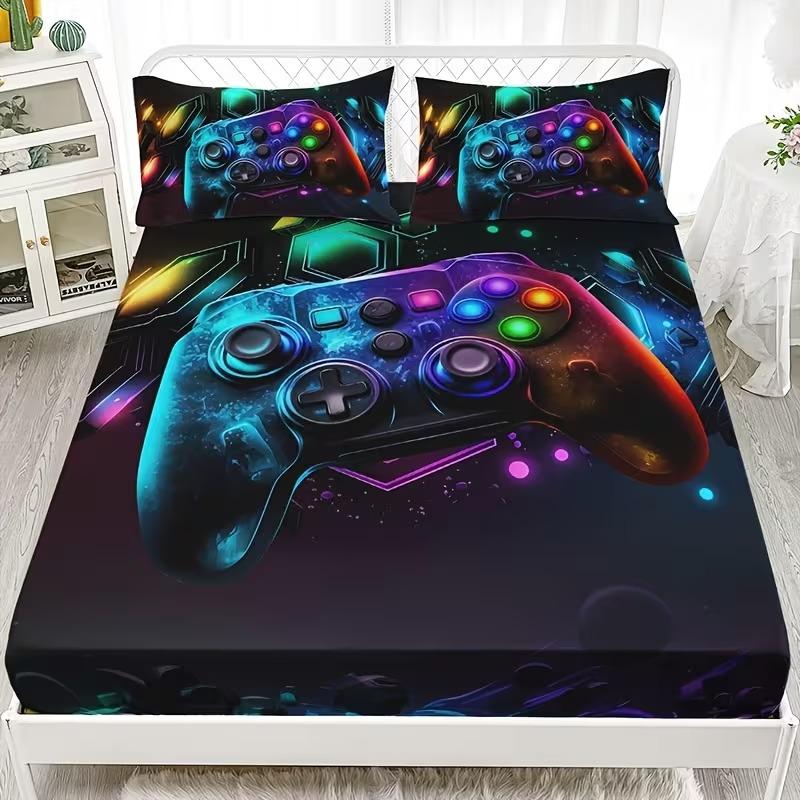 3-Piece Game Controller Bedding Set, Includes Fitted Sheet & Pillowcases, Breathable Polyester Fiber, All Seasons, Gaming Theme