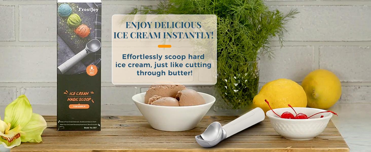 FROSTJOY Heated Ice Cream Scoop Rechargeable Electric Scooper 2 Oz Stainless Steel LED Display IP67 Waterproof Durable for Hard Ice Cream