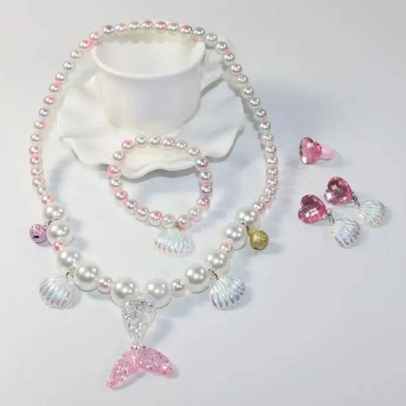 Little Girls Mermaid Shell Necklace Bracelet Rings Earrings Princess Birthday Party Dress Up Jewelry Baby Girl Hair Accessories