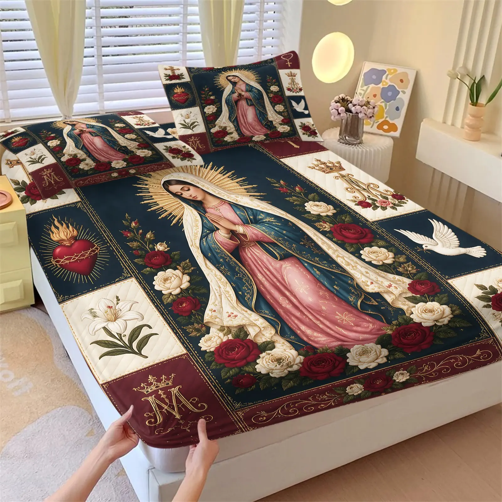 3PCS Dark Patchwork Virgin Mary Portrait Fitted Sheet Set (1 Fitted Sheet + 2 Pillowcases), Soft Wrinkle Resistant Breathable Skin-Friendly Fabric, Deep Pocket Anti-Slip Full Wrap Design, Devotional Themed Bedding Bed Linens For Bedroom & Dorm