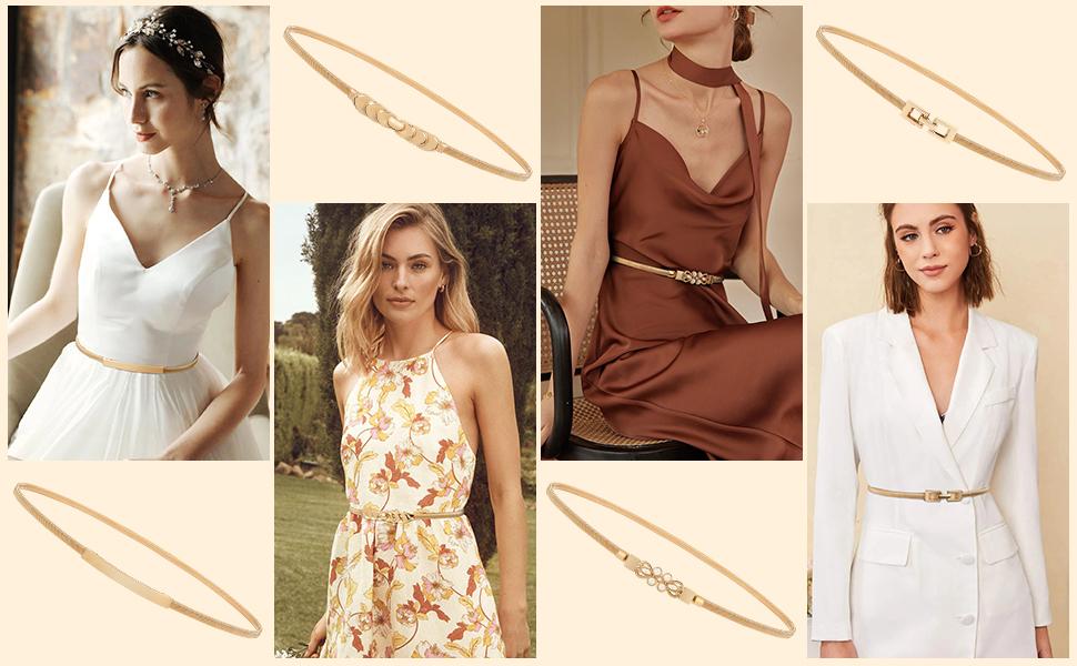 JASGOOD Women Skinny Metal Waist Belt Gold Waistband Elastic Metal Chain Waist Belt for Dress