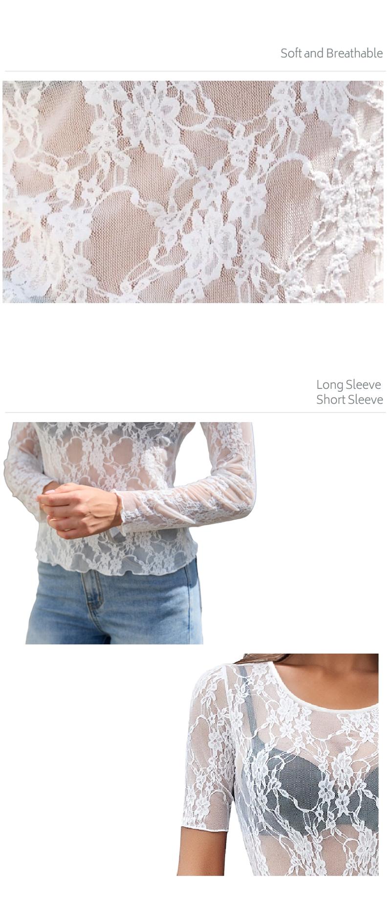 Chicovar Women's 90s Grunge Mesh Short Top –Lace Long Sleeve Mock Neck Sheer Blouse, Cropped Fit (Hits at Waist), Plus Size S-4XL, Perfect for Layering & Concerts! Womenswear Crewneck