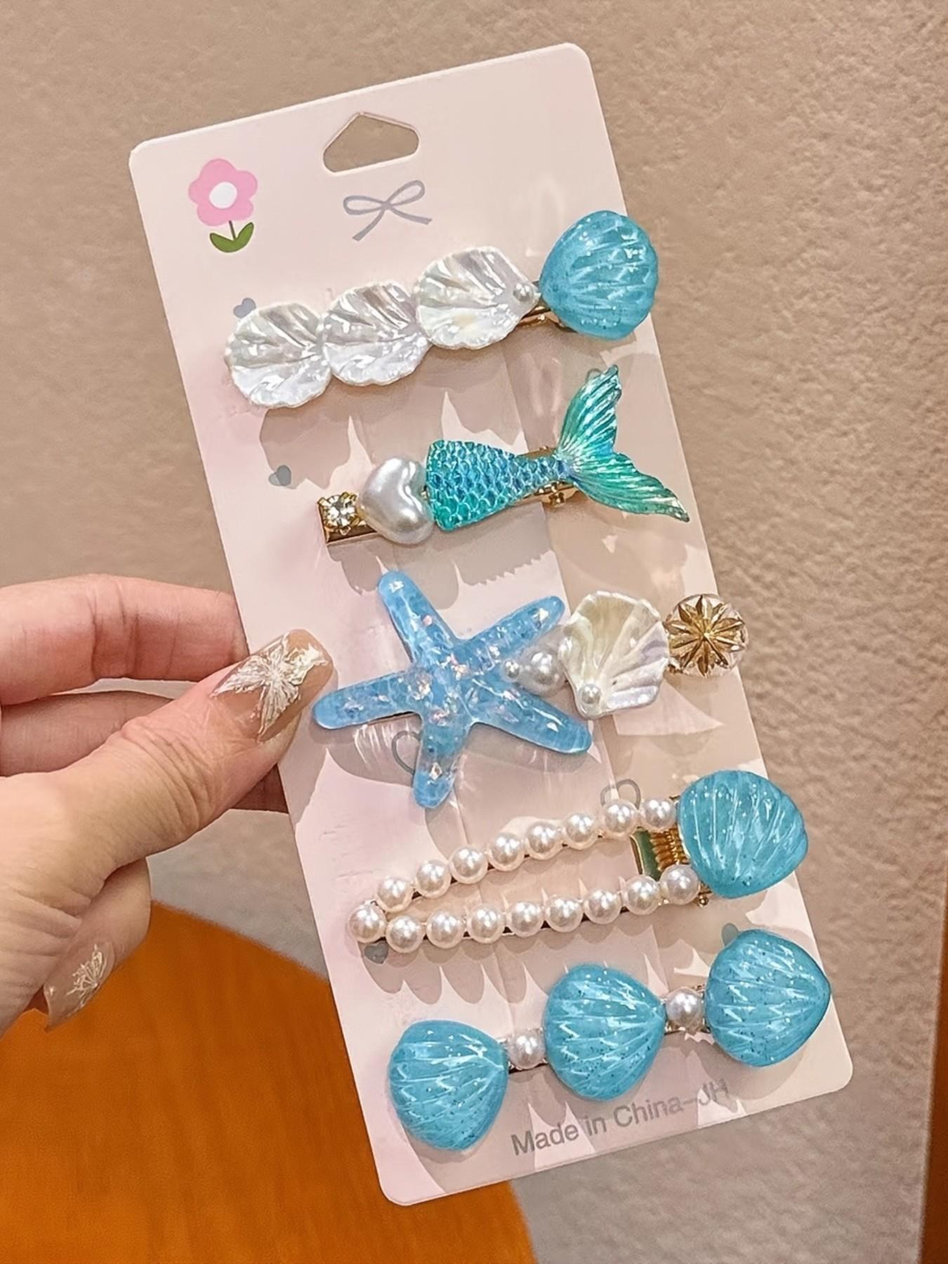 5pcs Mermaid Starfish Shell Hair Clips Set, Ocean Theme Accessories, Multi-Color Design, Daily Wear, Cute Hair Decorations