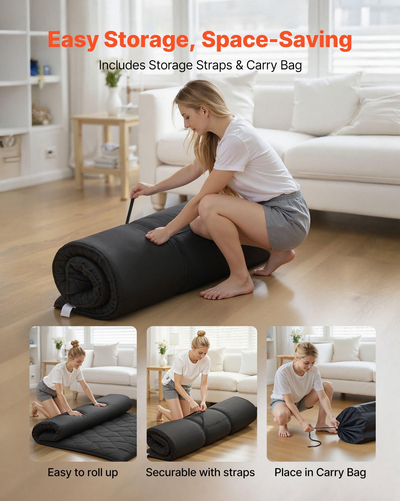 【Summerfinds】VEVOR Brushed Fabric Japanese Tatami Mattress, Queen Size 80x60x3.5in 14.1 lbs Foldable 60 Inch Single Sleeping Yoga Floor Mat, 9-Layer Dorm Mat with Storage Bag Fastener, Black