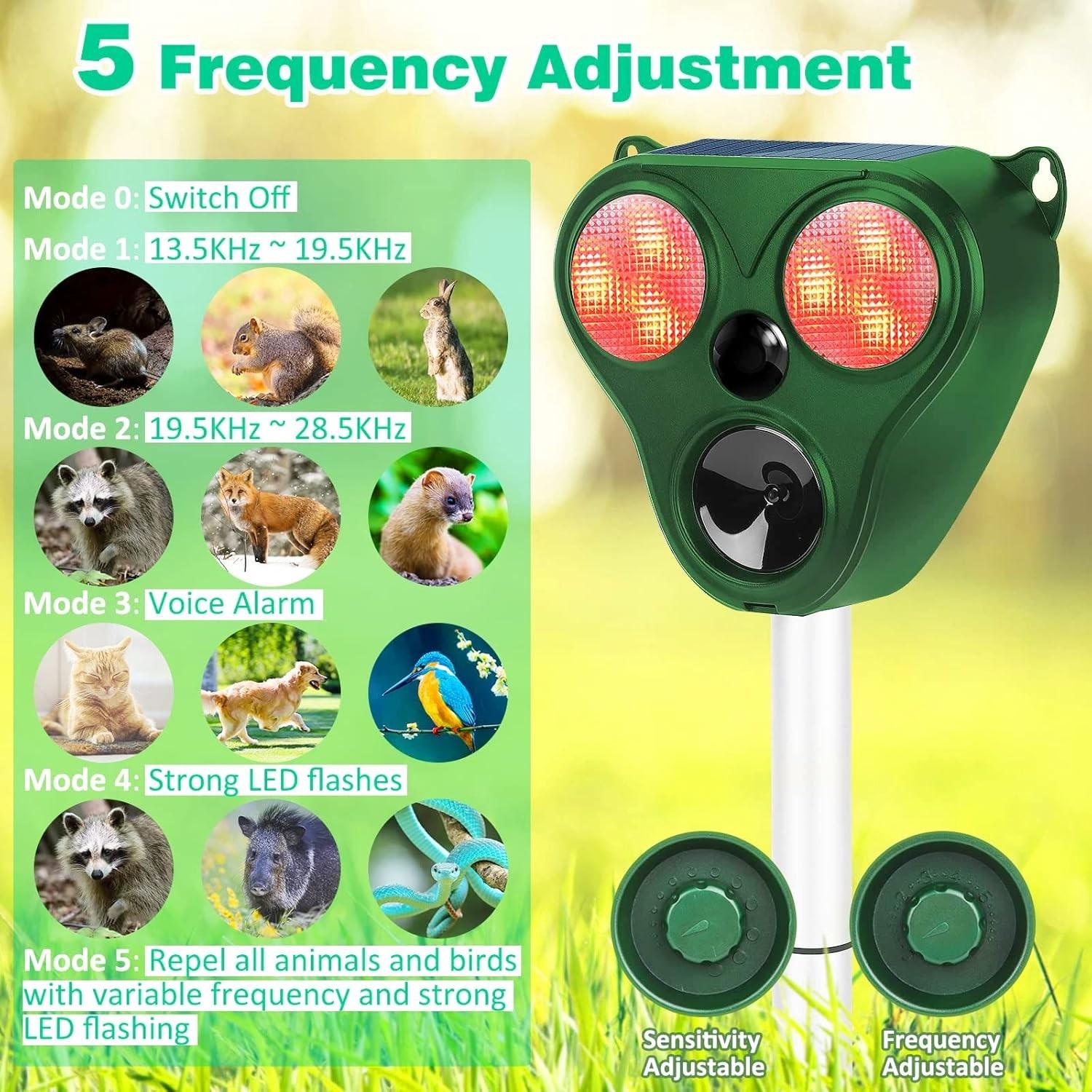 Solar Animal Repeller, Ultrasonic Deterrent with LED Strobe Light, Motion Sensor for Yard Garden Farm, Keep Deer Raccoon Fox Cat Dog Bird Away