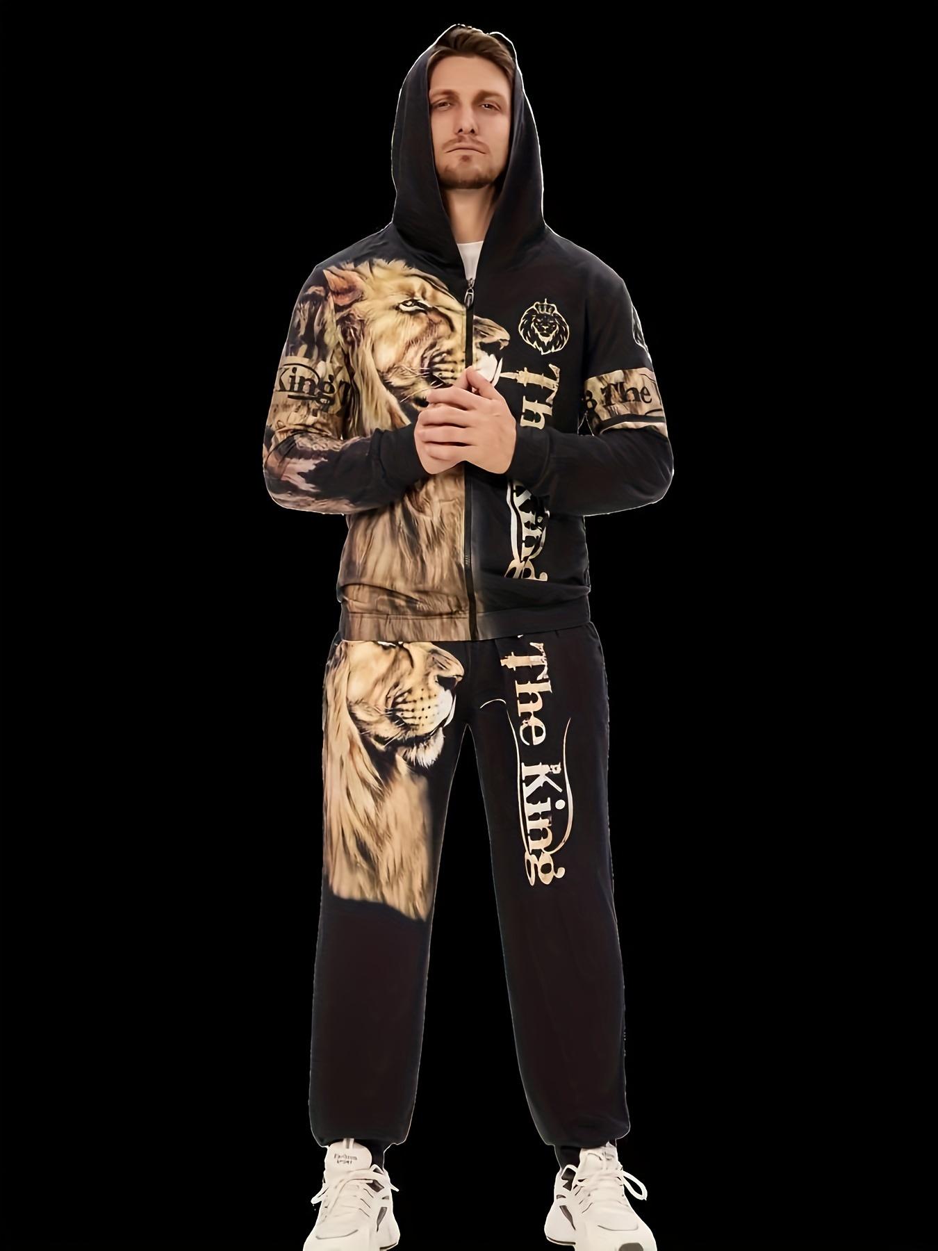 2-piece men's casual lion print hoodie and sweatpants set -3D digital animal pattern knitted sweatshirt hoodie+pants set