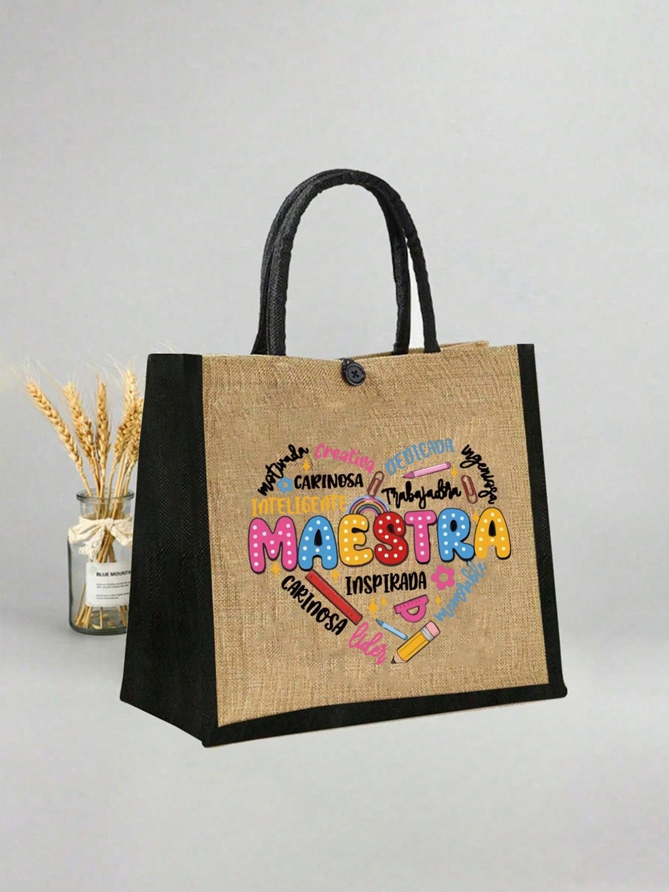 Maestra Theme Tote Bag and Makeup Pouch Set, Large Capacity Linen Shopping Bag, Heart Pattern, Cosmetic Organizer, Casual All-Season Style