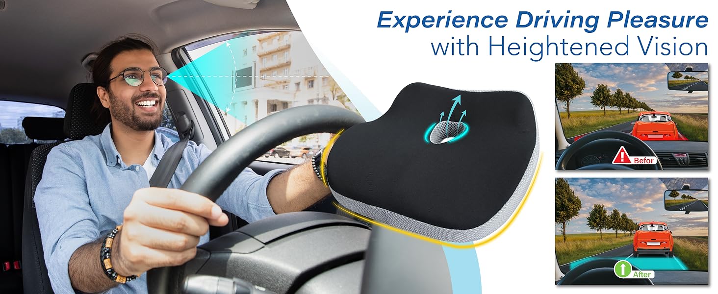 JOKG OKGCar Seat Cushion, Ergonomic Memory Foam Car Cushion for Sciatica Pain Relief, Larger Driving Seat Pillow for Short Drivers on Long Drives - Butt Pillow for Truck, Office, Wheelchair - Black&Gray