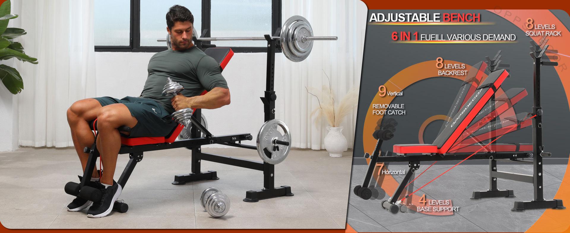 OPPSDECOR 6 in 1 660lbs Weight Bench Set with Squat Rack, Bench Press Set with Barbell Rack, Adjustable Incline Strength Training Workout Bench with Leg Developer Preacher Curl for Home Gym