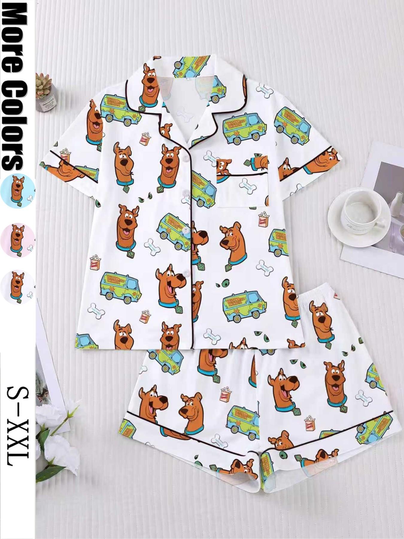 Women's Cartoon Pajama Set, Loungewear, Pyjamas, Pjs, Short Sleeve Button Front Top & Elastic Shorts, Elegant Fitted Sleepwear, Comfortable Homewear, Cartoon Pattern Pajamas