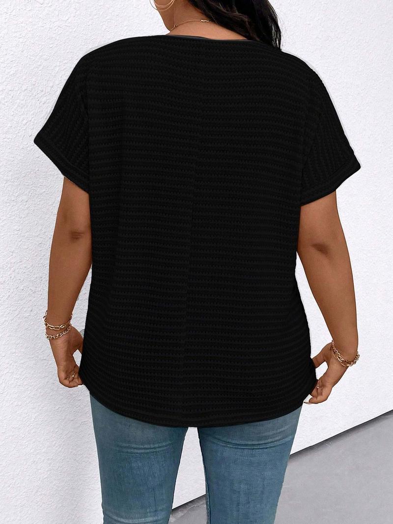 【Plus Size】 Striped Print V Neck Tee, Casual Short Sleeve T-shirt for Daily Wear, Women Clothing for All Seasons