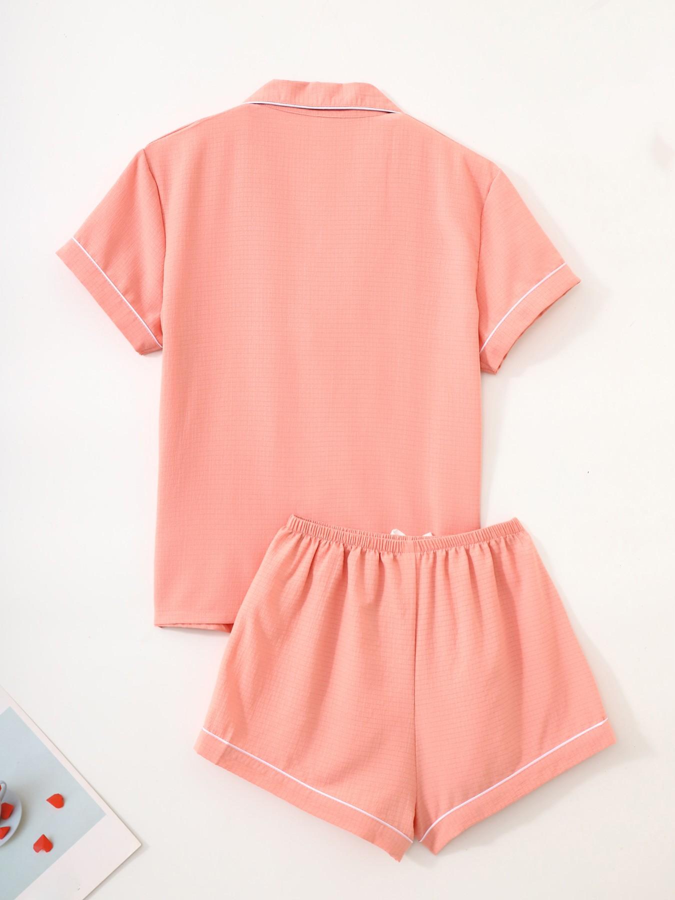 Women's Short Sleeve Button Down Top and Shorts Pajama Set, Spring Summer Wear, For Minimalist Gentle Commuter Girls, Peach Pink With Contrast White Piping, Heart Printing Pocket, Loose Fit, Comfortable For Home & Going Out