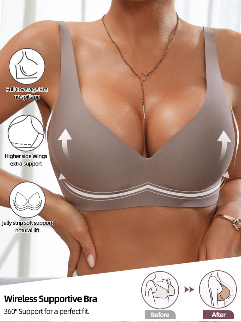 Women's Wireless Jelly Bra, Deep V Design, Medium Support, Fitted Plain Pattern, Casual Daily Wear, All Seasons, Moderate Fabric Underwear