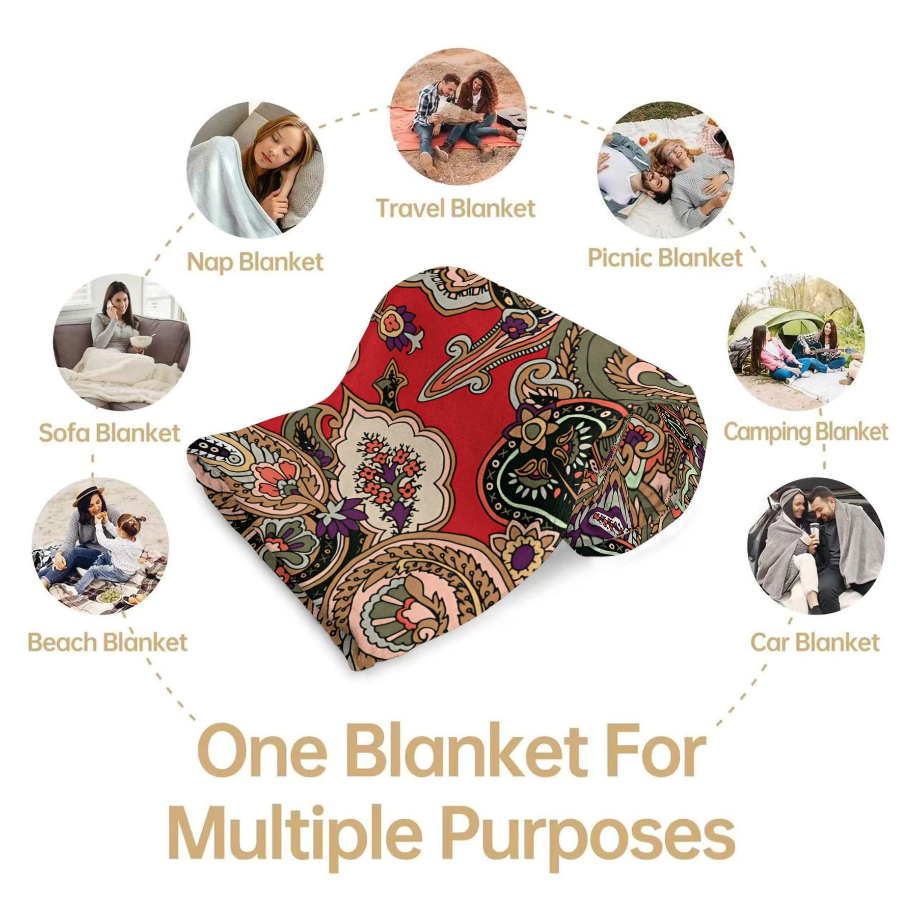 1Pcs Boho Paisley Digital Print Flannel Blanket, Vibrant Ethnic Style Throw Blanket, Ultra-Soft Cozy Warm Blanket, All-Season Decorative Gift Blanket, Perfect for Bedroom, Sofa, Couch, Camping, Travel, Dorm Decor