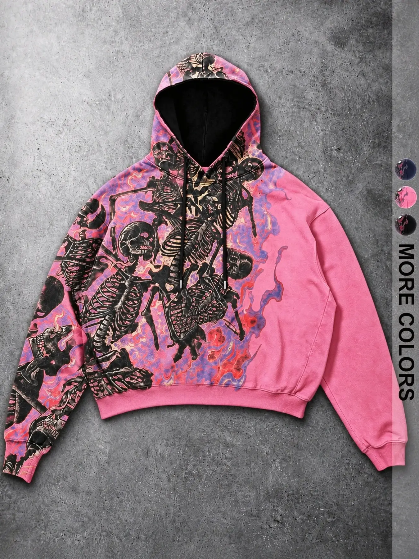 Men's hooded sweatshirt with dark skull flame print, vintage worn patchwork design, loose short-sleeve top, fashionable streetwear, Perfect hoodie