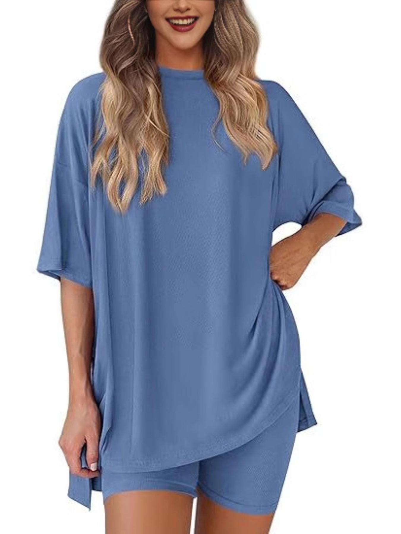 Women's Two Piece Lounge Set Summer Casual Oversized Shirts Biker Shorts Indoor Outdoor Casual Set