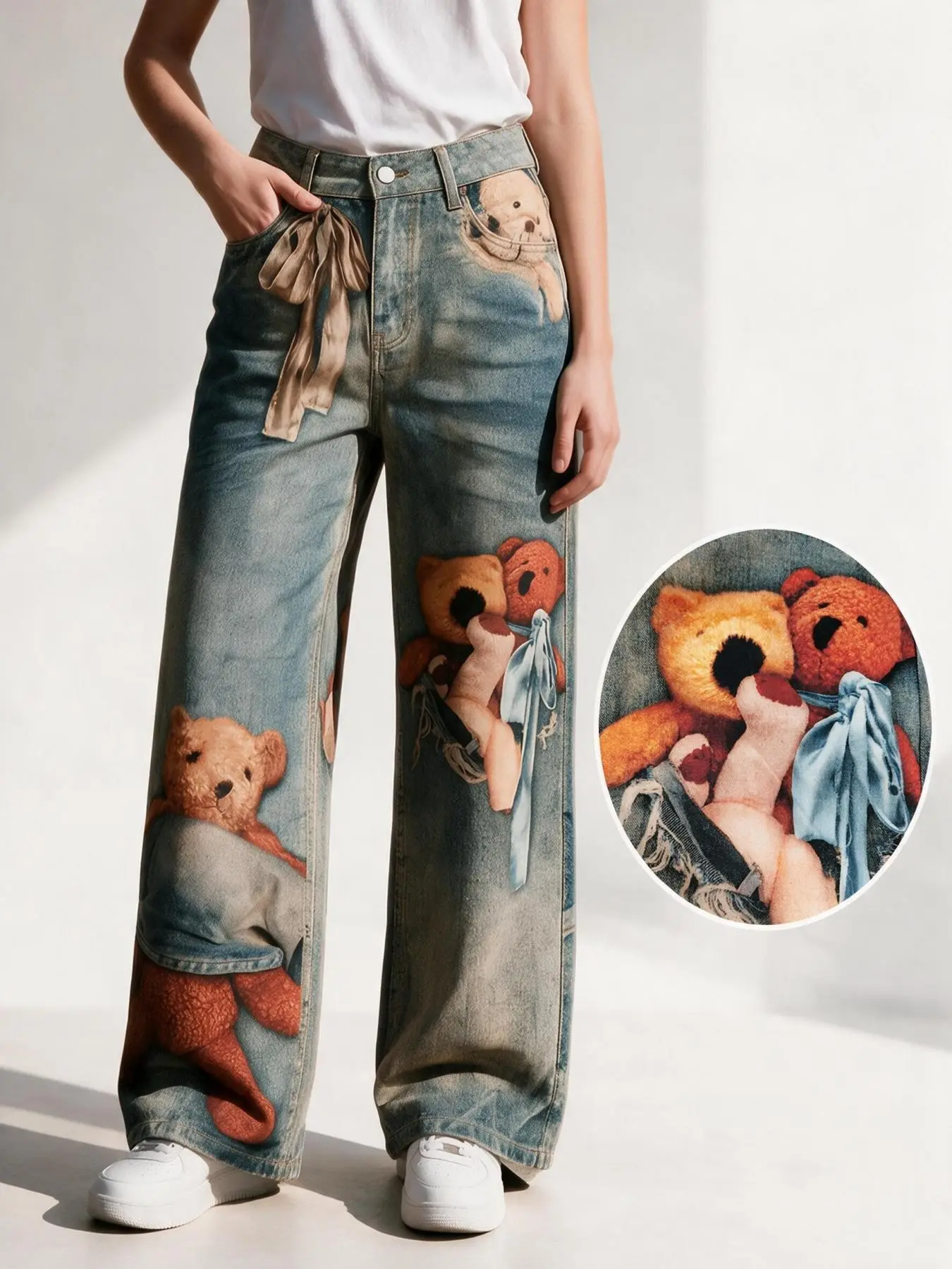 American Retro Teddy Bear Print Wide Leg Jeans, Hi Waist Denim, High Waist Loose Fit Straight Leg Pants, Cartoon Pattern, All Seasons